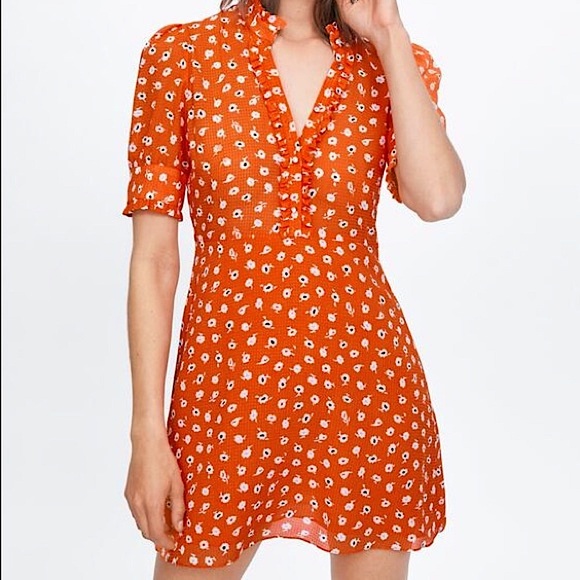Zara | Dresses | Zara Floral Print Orange Rhinestone Button Dress | Poshmark